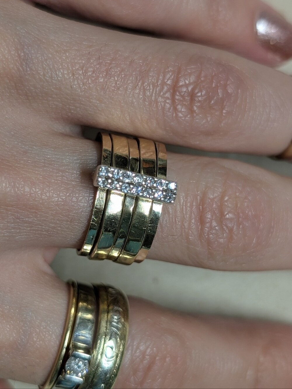 Gold-Tone Multi-Band Ring with Pavé Crystal Bar Meditation Cigar Band 9k and 925